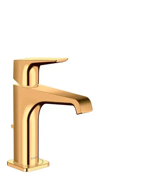 Waschtischarmatur in Polished Gold Optik von AXOR mit einem Hebelgriff und Zugstangen-Ablaufgarnitur. Kompakte Bauform und modernes Design.